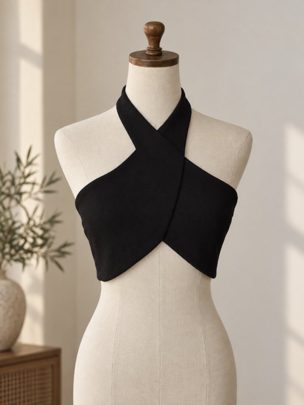 H&M Black Twist Crossover Halter Crop Top with Wrap Ties